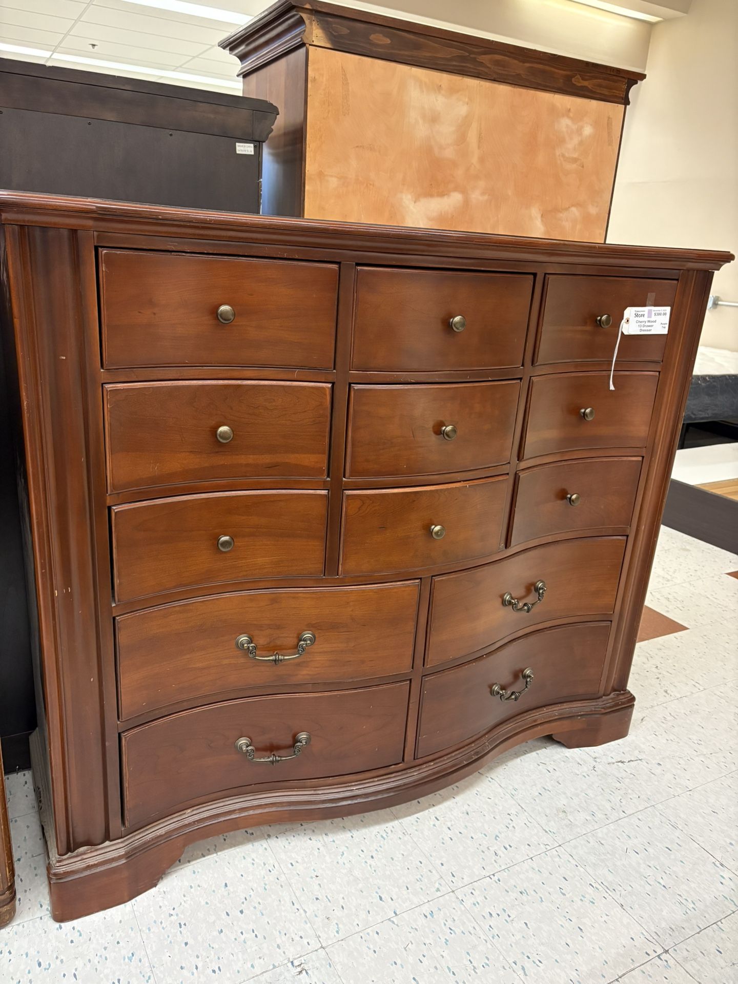 13 Drawer Cherry Wood Serpentine Dresser