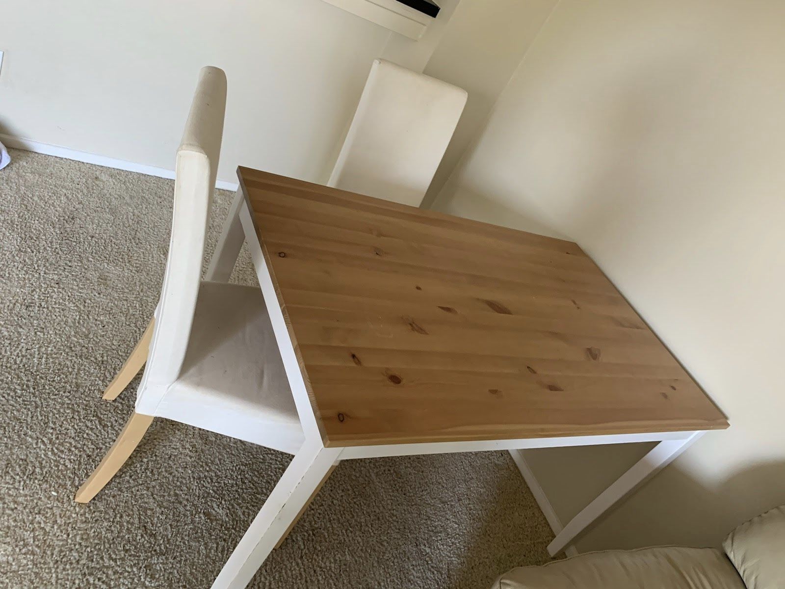 Make offer : IKEA LERHAMN Kitchen dining 4’x2.5’ table w two white cloth covered chairs