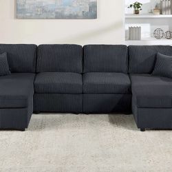 ✅️✅️4 pc black corduroy fabric sectional sofa with double chaise✅️