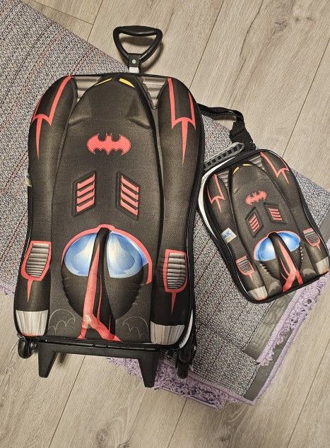 Batman Superhero Rolling Bookbag With Lunchbag
