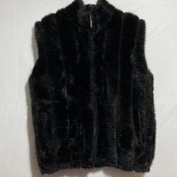 Vintage Duffel Outdoor Fur Vest Solid Black Outerwear Casual Womens Large Jacket