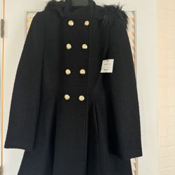 iz Claiborne Women's Black Boucle Faux Fur Hooded Wool Blend SwingCoat Jacket size Medium   