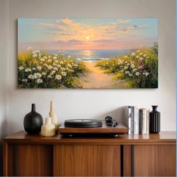 Beautiful ocean sunset, floral canvas
