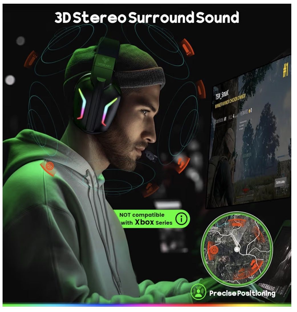 Wireless Gaming Headsets for PC, PS5, PS4, Switch, Mac, 2.4GHz Wireless Gaming Headphone with ENC Noise Canceling Microphone, Bluetooth 5.4, Cool Ligh