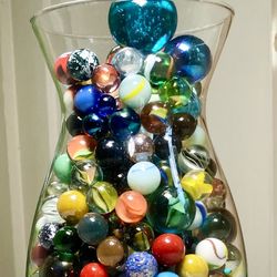Vase Full Of 375 Marbles Beautiful, Colorful & Collectible  For Play Or Display