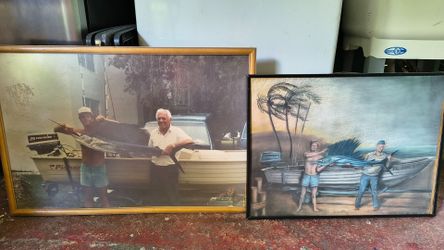 Vintage Framed Fishing Photo and Painting Set