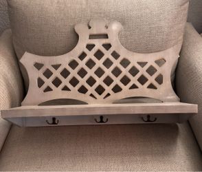 Vintage French Country Wooden Lattice Wall Shelf Coat Rack Hooks Whitewashed Decor