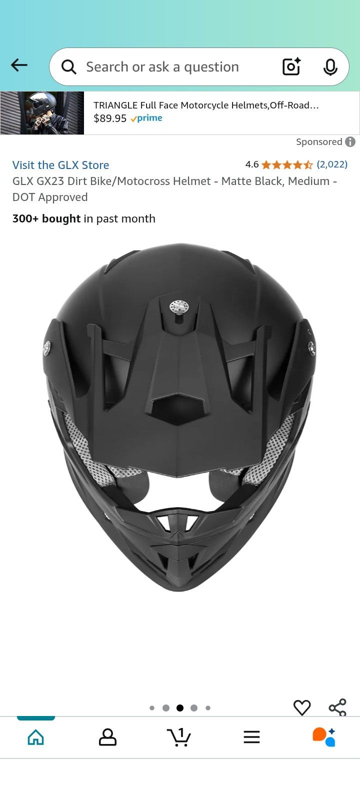 2907 GLX GX23 Dirt Bike/Motocross Helmet Matte Black, Medium DOT