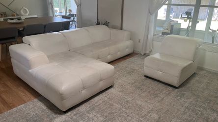 Modern White Leather Modular Sectional + Matching Chair