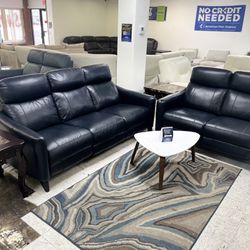 Dark Navy Blue Genuine Leather Sofa With Dual Recliner Loveseat 