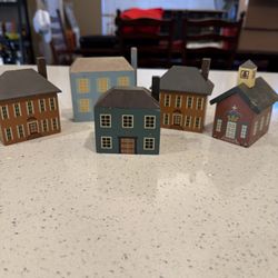 5 Vintage GEE BEE Mini Christmas Wooden Houses Decor Primitive Toy Geebee