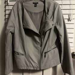 Alfani Woman Gray Moto Biker Faux Leather Full Zip Jacket Womens Sz Lg. Sm Flaws