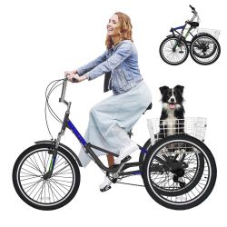 20 In, 24 In, 26 In. Adult Folding Tricycle 7 Speed Adult Tricycles Cruiser Trike with Large Basket/