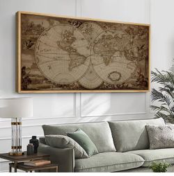 30”x60” Vintage World Map with Ornate Details, Framed Canvas Print - FRAME IS DAMAGED SEE PICTURES