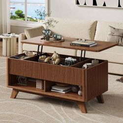 Farmhouse Lift Top Coffee Table, Mid-Century Modern Coffee Table Center Table with Hidden Storage Compartment, Fluted Rising Pull-Up Wood Modern Cente