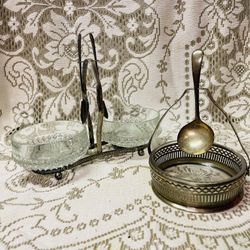 Vintage Silver Played And Cut Glass Condiment Set
