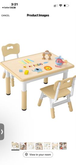 Kids Table and 2 Chairs Set, Height-Adjustable Toddler Table and Chair Set with Graffiti Desktop, 31.5''L x 23.6''W Children Activity Table for Daycar