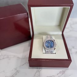 Two Tone Rose Gold/Silver Moissanite Chronograph Watch – Blue Dial