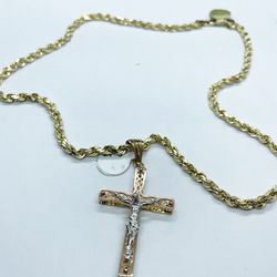 14k Gold Rope Chain And Crusifix Cross , Necklance Gold Pendant
