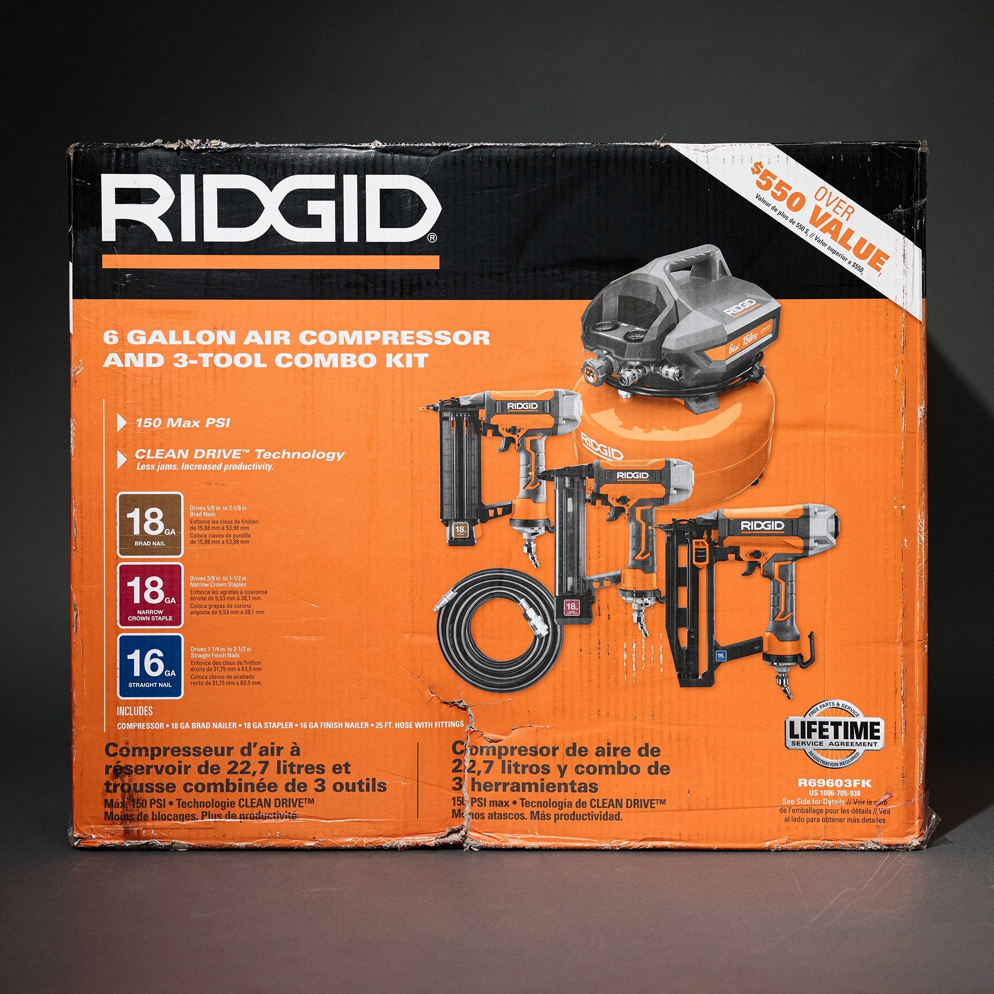 RIDGID 6 Gal Portable Electric Pancake Air Compressor 18GA Brad Nailer + Finish Stapler 16GA Nailer