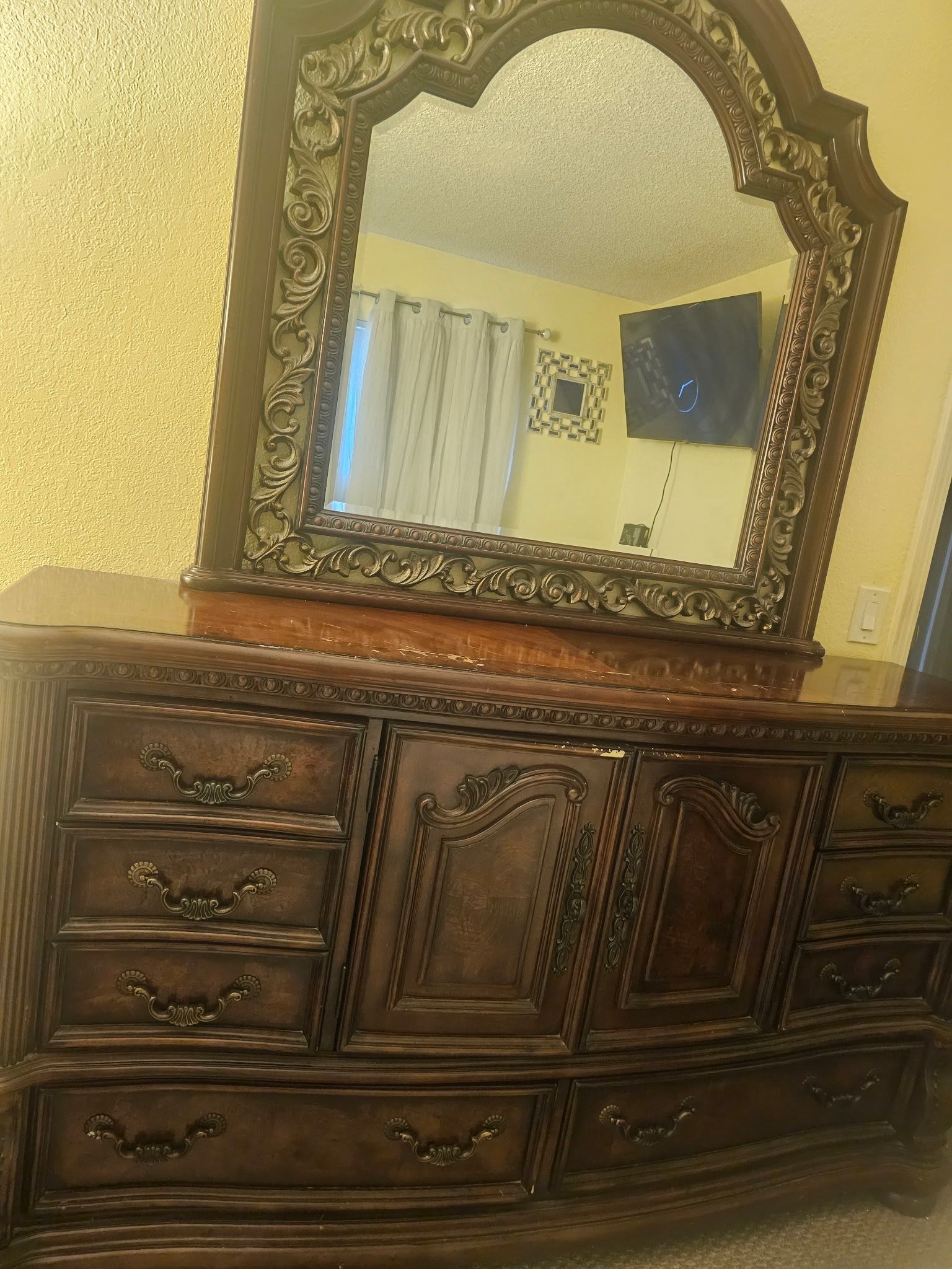 Queen Bed Frame and Matching Dresser With Mirror