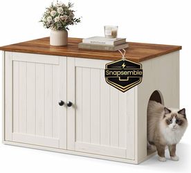 Litter Box Enclosure, Cat House Cat Washroom Furniture, Double Doors, Rustic White and Honey Brown, HOPU Collection UPCL233WJ04S