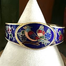 Vintage Cloisonné Blue Enamel Bird & Flower Hinged Bangle Bracelet