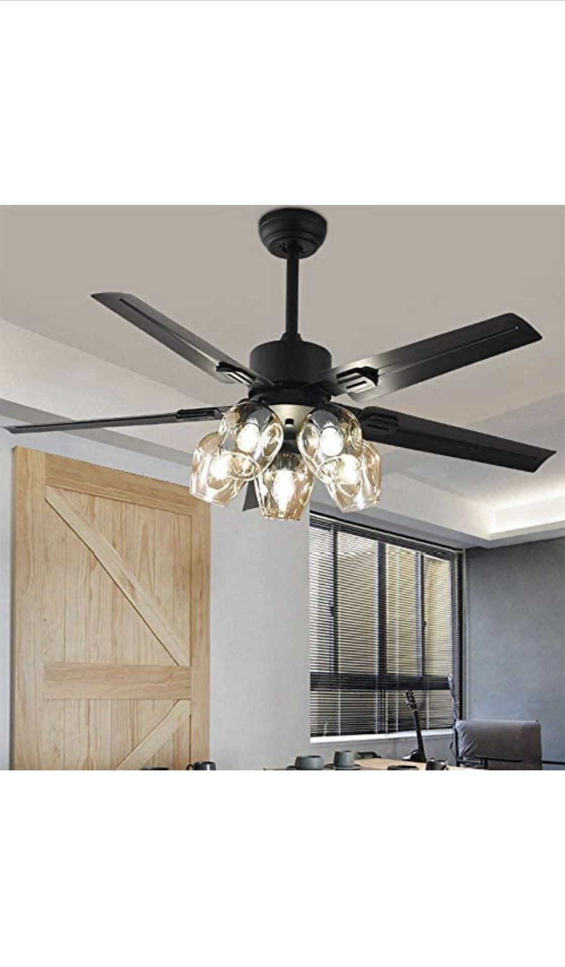 Black Ceiling Fan With Light And Remote 6 Speed Mute Metal Reversible Blades 5 Light 52" For Indoor Industrial Rustic Farmhouse Bedroom Living Room Di