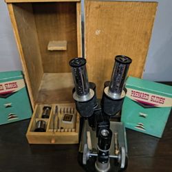 VINTAGE Microscope w/Case & Prepared Slides