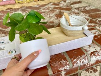 BOHO CHIC HOME DECOR LOT FLOATING WOOD SHELF POTTERY BOWL W/ FAUX POTTED PLANT