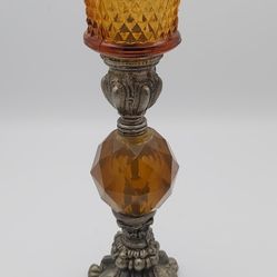 Beautiful Hollywood Regency Style Glass & Brass Candle Holder 