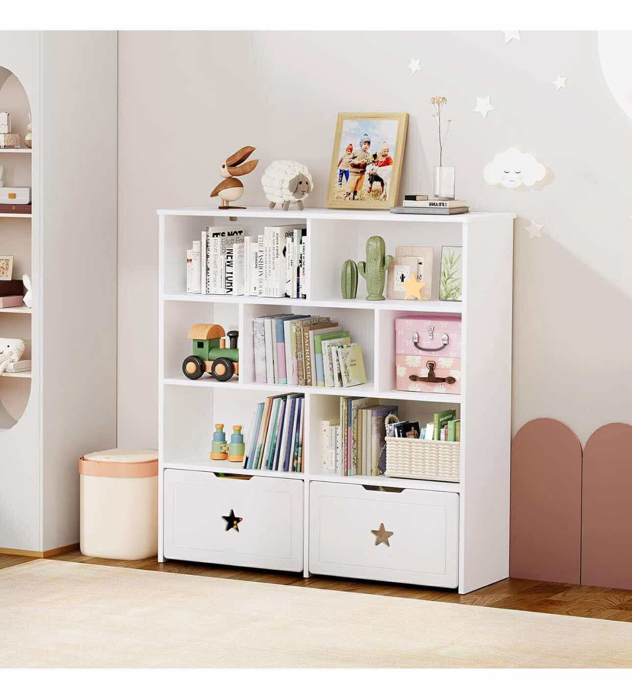 Toy Storage Organizer, Large Toy Shelf with 7 Storage Cubbies and 2 Movable Drawers, T-12