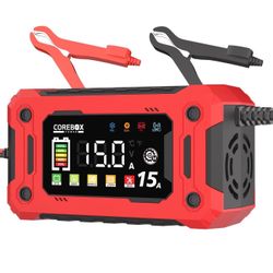 12V Battery Charger 15Amp, Support 1A,6A,10A,0-15A Fast Car Battery Charger, Automobile 12 Volt Trickle Charger,Battery Maintainer with Temperature Co