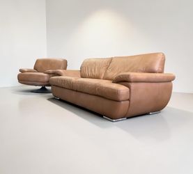 Modern Tan Leather Sofa & Swivel Lounge Chair Set
