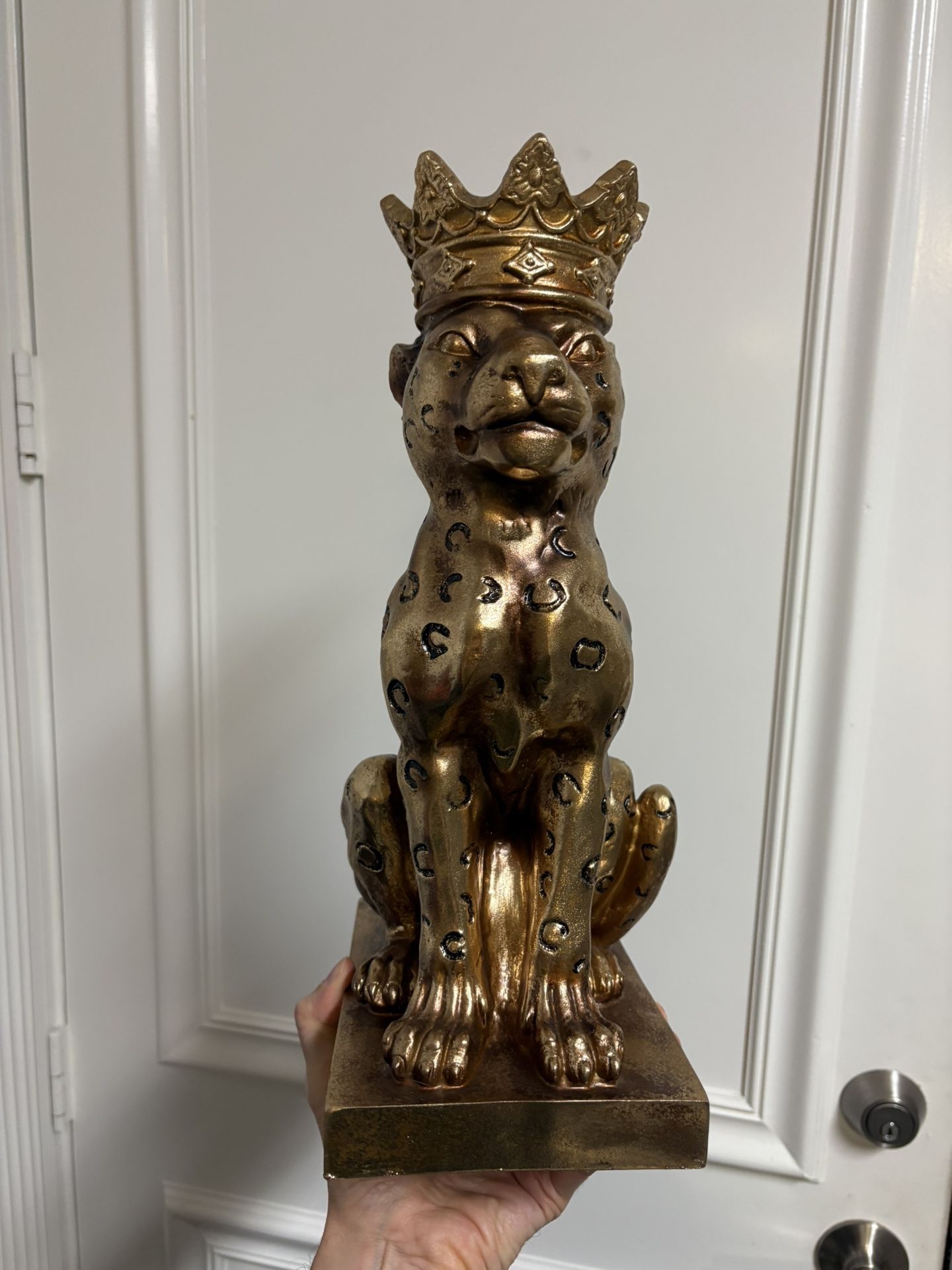 14.5” Gold & Black Cheetah Leopard Statue With Crown. Regal & Majestic Jungle Safari Leo The Lion Style. See Our Matching Metal Box!