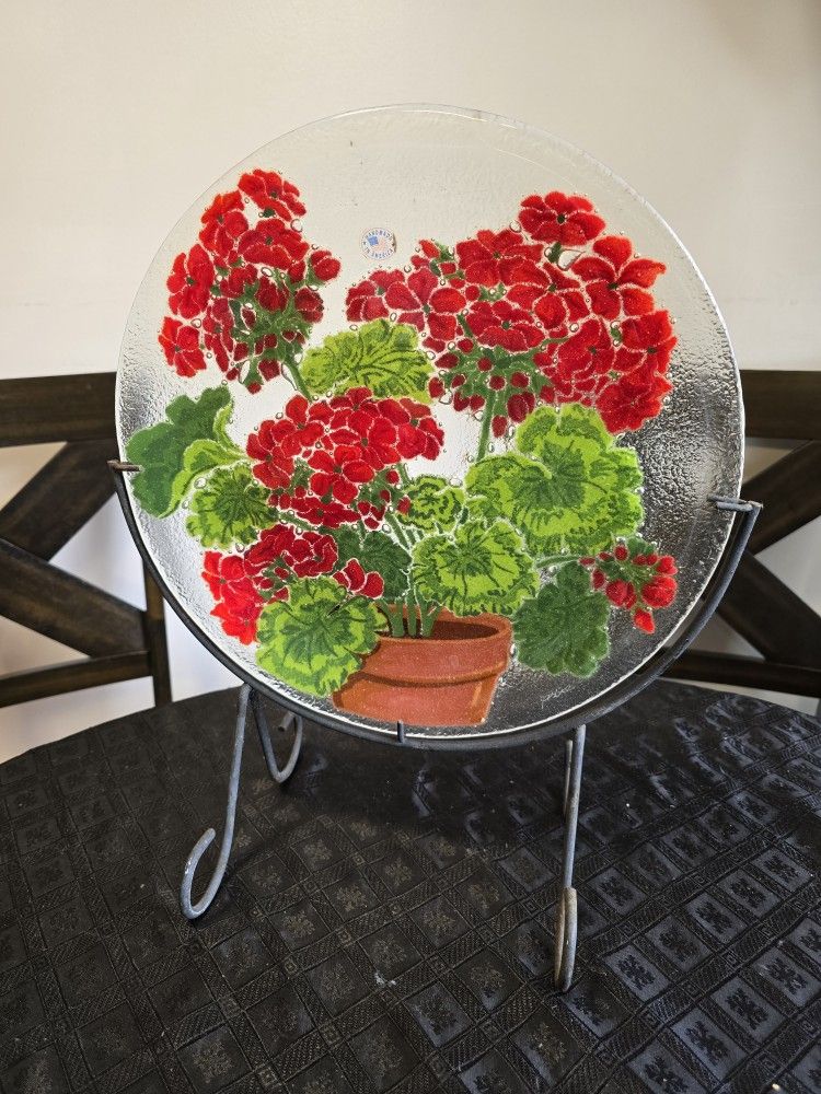 Peggy Karr Geranium in a Pot Fused Glass Bowl Plate Colorful Handcrafted Artwork
13.5 Inches