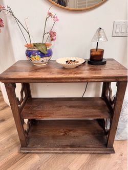 Rustic Wood Console Table with Decorative Cutouts entrance table