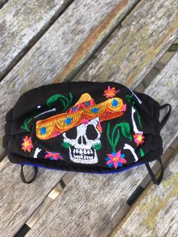 Embroidered Artisanal Calavera w/pink flowers Face mask