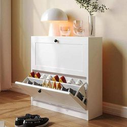 Shoe Cabinet with 2 Flip Drawers, Freestanding Shoe Storage Cabinet with Adjustable Shelf & Anti-Tipping Device, Shoe Rack (White)