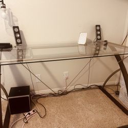 Home Office Desk Study Glass Top And Medal Plus Wood Legs