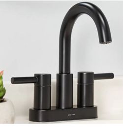 allen + roth Harlow Matte Black 4-in centerset 2-handle WaterSense High-arc Residential Handle Bathroom Sink Faucet with Drain with Deck Plate