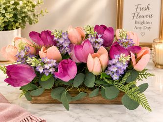 12” Faux Tulip & Lavender Floral Centerpiece in Wooden Planter Box