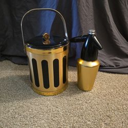  Vintage Georges Briard Black And Gold Ice Bucket And Seltzer Bottle Matching Set