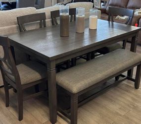 Gray Dining Table Set w/ Bench – Seats 6 | $10 Down | Best Seller
