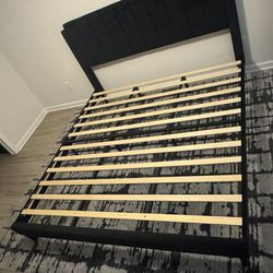 *KING SIZE* Stauton Upholstered Platform Bed with Velvet and Striped Headboard