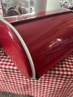 Red metal bread box