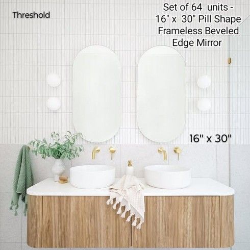 Brand New In The Box Set of 64 units - 16" x 30" Pill Shape Frameless Beveled Edge Mirror - Threshold