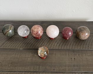 Natural Crystal Sphere Lot 7pc Quartz Rose Pyrite Jasper Mixed Stones