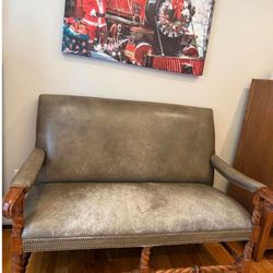 Vintage Two-Seater Sofa with Wooden Frame & Leather Upholstery