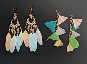 Two Pairs of Boho Feather Drop Earrings